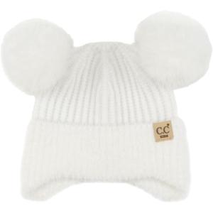 imageCC Kids Ear Flap Fur Pom Beanie for Boys Girls  Comfortable Soft Warm Children Youth Knit Skully Hat with Faux Fur PomDouble Pom  White