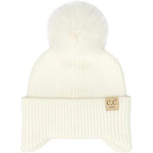 imageCC Kids Ear Flap Fur Pom Beanie for Boys Girls  Comfortable Soft Warm Children Youth Knit Skully Hat with Faux Fur PomIvory