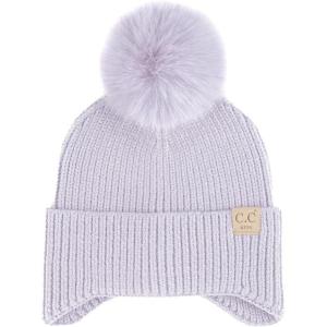 imageCC Kids Ear Flap Fur Pom Beanie for Boys Girls  Comfortable Soft Warm Children Youth Knit Skully Hat with Faux Fur PomLavender