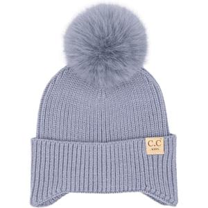 imageCC Kids Ear Flap Fur Pom Beanie for Boys Girls  Comfortable Soft Warm Children Youth Knit Skully Hat with Faux Fur PomSingle Pom  Ice Blue