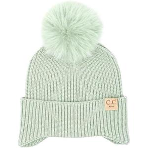imageCC Kids Ear Flap Fur Pom Beanie for Boys Girls  Comfortable Soft Warm Children Youth Knit Skully Hat with Faux Fur PomSingle Pom  Sage