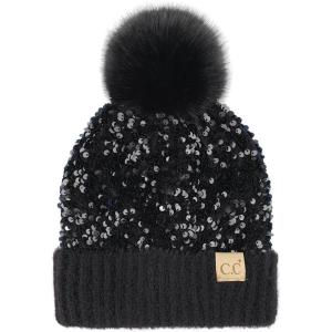 imageCC Kids Sequin Fur Pom Beanie for Boys Girls  Comfortable Soft Warm Children Youth Knit Skully Hat with Faux Fur PomBlack