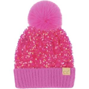 imageCC Kids Sequin Fur Pom Beanie for Boys Girls  Comfortable Soft Warm Children Youth Knit Skully Hat with Faux Fur PomHot Pink