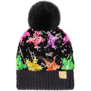 imageCC Kids Sequin Fur Pom Beanie for Boys Girls  Comfortable Soft Warm Children Youth Knit Skully Hat with Faux Fur PomMulti Star 1