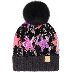 imageCC Kids Sequin Fur Pom Beanie for Boys Girls  Comfortable Soft Warm Children Youth Knit Skully Hat with Faux Fur PomMulti Star 2