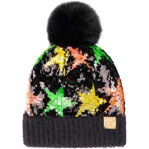 imageCC Kids Sequin Fur Pom Beanie for Boys Girls  Comfortable Soft Warm Children Youth Knit Skully Hat with Faux Fur PomMulti Star 3