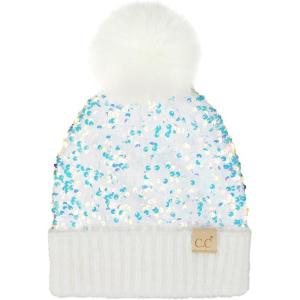 imageCC Kids Sequin Fur Pom Beanie for Boys Girls  Comfortable Soft Warm Children Youth Knit Skully Hat with Faux Fur PomWhite