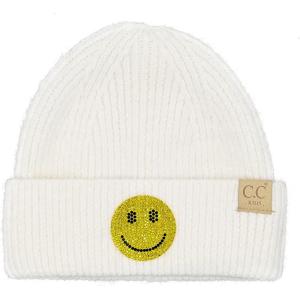 imageCC Kids Smile Face Rhinestone Beanie for Boys Girls  Recycled Yarn Comfortable Soft Warm Children Youth Knit Skully HatIvory