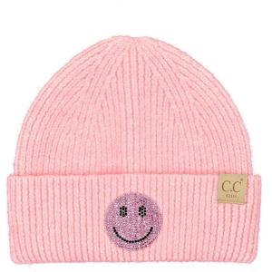 imageCC Kids Smile Face Rhinestone Beanie for Boys Girls  Recycled Yarn Comfortable Soft Warm Children Youth Knit Skully HatPink