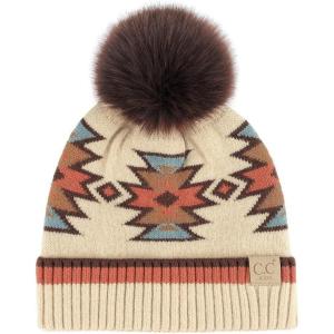 imageCC Kids Southwest Pattern Fur Pom Beanie for Boys Girls  Comfortable Soft Warm Children Youth Knit Skully Hat with Faux PomBeige