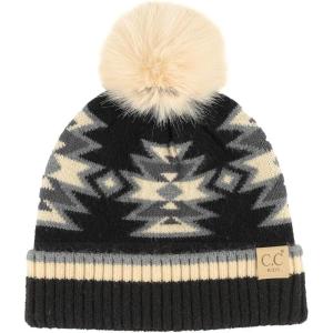 imageCC Kids Southwest Pattern Fur Pom Beanie for Boys Girls  Comfortable Soft Warm Children Youth Knit Skully Hat with Faux PomBlack
