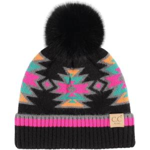 imageCC Kids Southwest Pattern Fur Pom Beanie for Boys Girls  Comfortable Soft Warm Children Youth Knit Skully Hat with Faux PomBlack Multi
