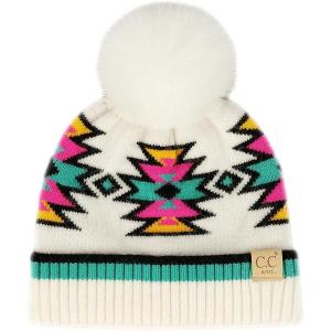 imageCC Kids Southwest Pattern Fur Pom Beanie for Boys Girls  Comfortable Soft Warm Children Youth Knit Skully Hat with Faux PomIvory
