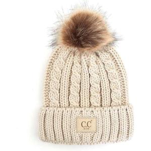 imageCC Kids Suede Patch Snuggly Soft Warm Knit Pom Cuff BeanieCable Knit Faux Fur  Beige