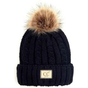imageCC Kids Suede Patch Snuggly Soft Warm Knit Pom Cuff BeanieCable Knit Faux Fur  Black