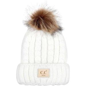 imageCC Kids Suede Patch Snuggly Soft Warm Knit Pom Cuff BeanieCable Knit Faux Fur  Ivory