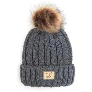 imageCC Kids Suede Patch Snuggly Soft Warm Knit Pom Cuff BeanieCable Knit Faux Fur  Light Melange Gray