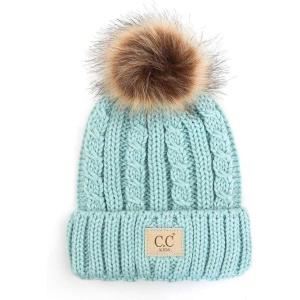imageCC Kids Suede Patch Snuggly Soft Warm Knit Pom Cuff BeanieCable Knit Faux Fur  Mint
