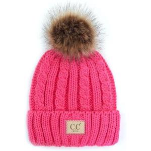 imageCC Kids Suede Patch Snuggly Soft Warm Knit Pom Cuff BeanieCable Knit Faux Fur  New Candy Pink
