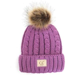 imageCC Kids Suede Patch Snuggly Soft Warm Knit Pom Cuff BeanieCable Knit Faux Fur  New Lavender