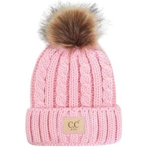 imageCC Kids Suede Patch Snuggly Soft Warm Knit Pom Cuff BeanieCable Knit Faux Fur  Pale Pink