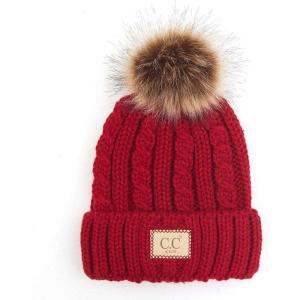 imageCC Kids Suede Patch Snuggly Soft Warm Knit Pom Cuff BeanieCable Knit Faux Fur  Red