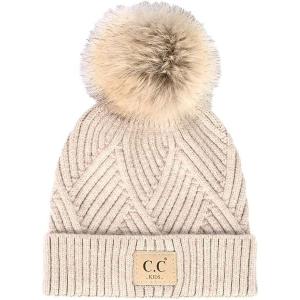 imageCC Kids Suede Patch Snuggly Soft Warm Knit Pom Cuff BeanieCriss Cross Faux Fur  Beige Mix