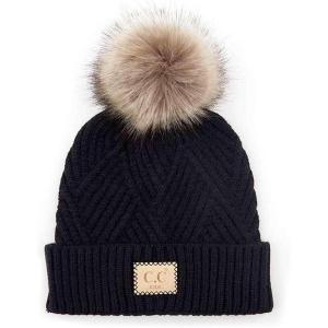imageCC Kids Suede Patch Snuggly Soft Warm Knit Pom Cuff BeanieCriss Cross Faux Fur  Black