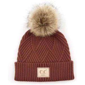 imageCC Kids Suede Patch Snuggly Soft Warm Knit Pom Cuff BeanieCriss Cross Faux Fur  Brick