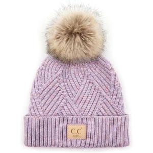 imageCC Kids Suede Patch Snuggly Soft Warm Knit Pom Cuff BeanieCriss Cross Faux Fur  Lavender Mix