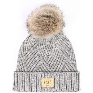 imageCC Kids Suede Patch Snuggly Soft Warm Knit Pom Cuff BeanieCriss Cross Faux Fur  Light Melange Gray Mix