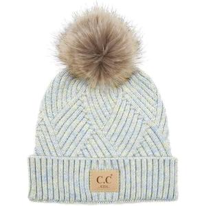 imageCC Kids Suede Patch Snuggly Soft Warm Knit Pom Cuff BeanieCriss Cross Faux Fur  Pastel Blue Mix
