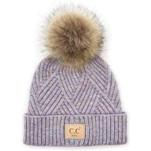 imageCC Kids Suede Patch Snuggly Soft Warm Knit Pom Cuff BeanieCriss Cross Faux Fur  Periwinkle Mix