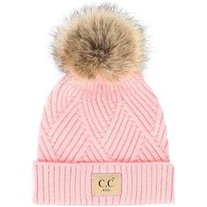 imageCC Kids Suede Patch Snuggly Soft Warm Knit Pom Cuff BeanieCriss Cross Faux Fur  Pink