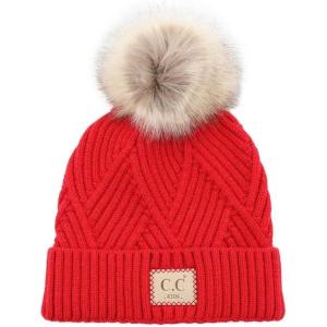 imageCC Kids Suede Patch Snuggly Soft Warm Knit Pom Cuff BeanieCriss Cross Faux Fur  Red