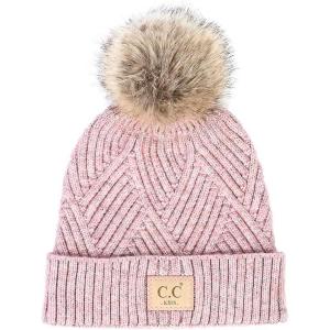 imageCC Kids Suede Patch Snuggly Soft Warm Knit Pom Cuff BeanieCriss Cross Faux Fur  Rose Mix