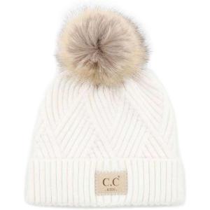 imageCC Kids Suede Patch Snuggly Soft Warm Knit Pom Cuff BeanieCriss Cross Faux Fur  White