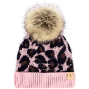 imageCC Kids Suede Patch Snuggly Soft Warm Knit Pom Cuff BeanieLeopard Print  Baby Pink