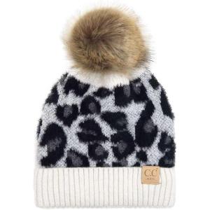 imageCC Kids Suede Patch Snuggly Soft Warm Knit Pom Cuff BeanieLeopard Print  Ivory