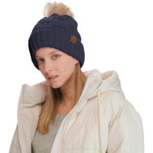 imageCC Knit Beanie Hat  Fuzzy Fleece Lined Warm Winter Hat for Women Soft Stretchy Slouchy Knit Cap Cold Weather BeanieNavy Blue