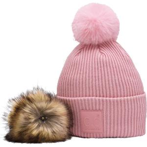 imageCC Knit Beanie with 2 Detachable Matching and Natural Poms  Soft Cuffed Winter Hat Warm Stretchy Skull CapBlush Pink