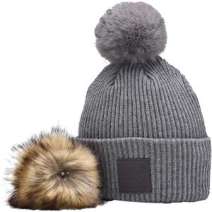 imageCC Knit Beanie with 2 Detachable Matching and Natural Poms  Soft Cuffed Winter Hat Warm Stretchy Skull CapLight Grey