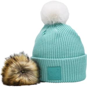 imageCC Knit Beanie with 2 Detachable Matching and Natural Poms  Soft Cuffed Winter Hat Warm Stretchy Skull CapMint