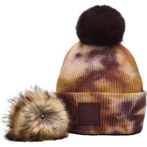imageCC Knit Beanie with 2 Detachable Matching and Natural Poms  Soft Cuffed Winter Hat Warm Stretchy Skull CapTie Dye Antique Moss  Wild Ginger