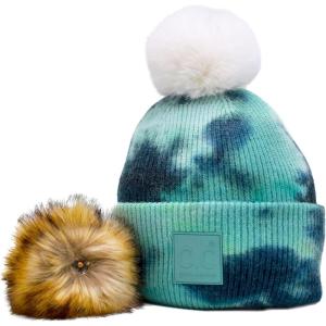 imageCC Knit Beanie with 2 Detachable Matching and Natural Poms  Soft Cuffed Winter Hat Warm Stretchy Skull CapTie Dye Deep Teal  Sea Green