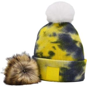 imageCC Knit Beanie with 2 Detachable Matching and Natural Poms  Soft Cuffed Winter Hat Warm Stretchy Skull CapTie Dye Denim  Yellow