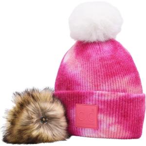 imageCC Knit Beanie with 2 Detachable Matching and Natural Poms  Soft Cuffed Winter Hat Warm Stretchy Skull CapTie Dye Fuchsia  Pink
