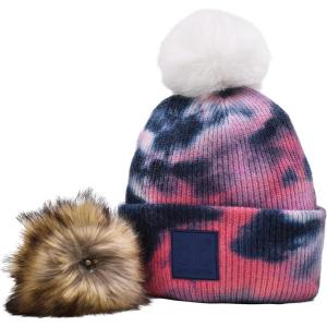 imageCC Knit Beanie with 2 Detachable Matching and Natural Poms  Soft Cuffed Winter Hat Warm Stretchy Skull CapTie Dye Navy  Pink