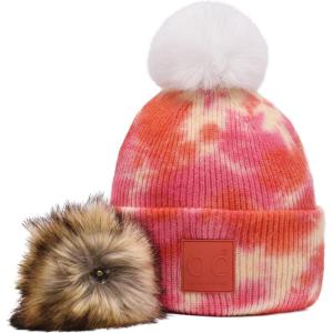 imageCC Knit Beanie with 2 Detachable Matching and Natural Poms  Soft Cuffed Winter Hat Warm Stretchy Skull CapTie Dye Orange  Peach