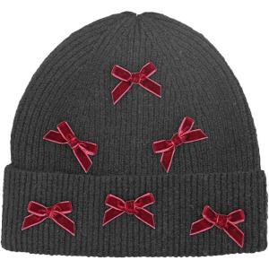 imageCC Knit Mini Velvet Bow Cuff Beanie for WomenBlackBurgundy